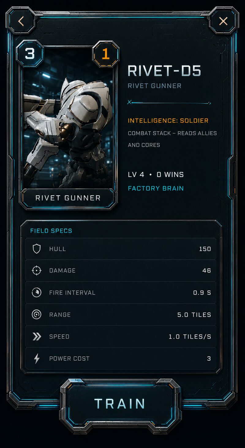 A Bot card concept: a rusted war-machine portrait framed in industrial card geometry.