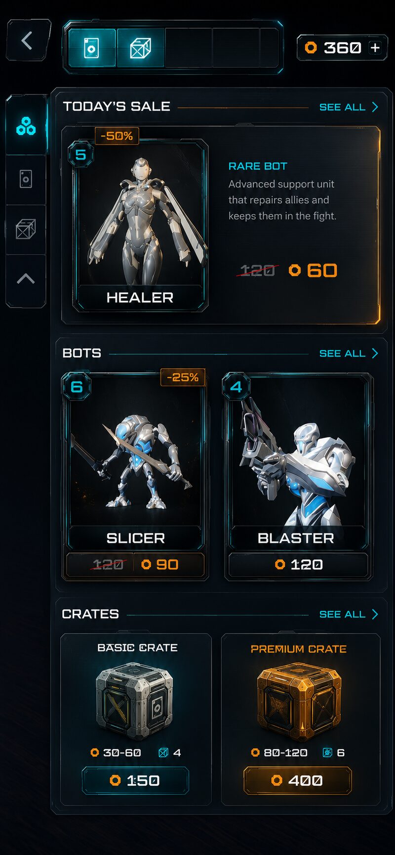 The in-game store concept screen with salvage crates and card offers.